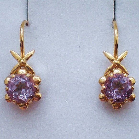 Vintage Russian Russia USSR 14K 583 Rose Pink Gold Amethyst Dangle EARRINGS - Picture 1 of 3